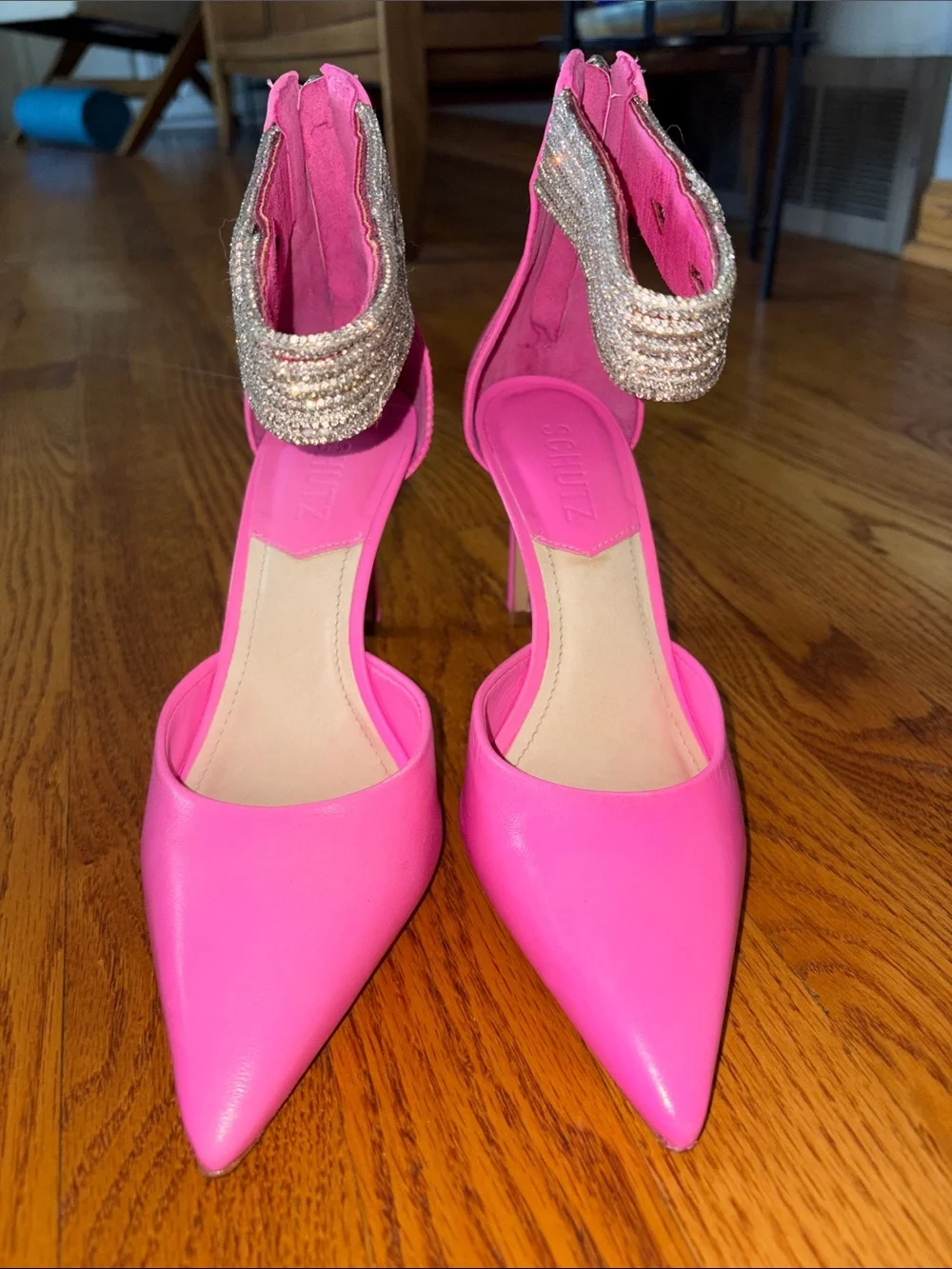 Schutz Linara Hot Pink Crystal Wrap Ankle-Strap Pointed-Toe Heels Size 7B